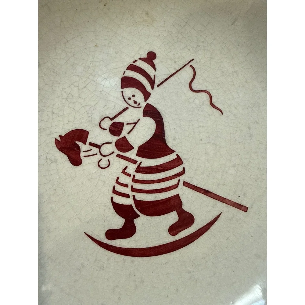 Vintage‎ Baby Warming Dish Red Rocking Horse Ceramic Metal Base 8 Inch Bowl